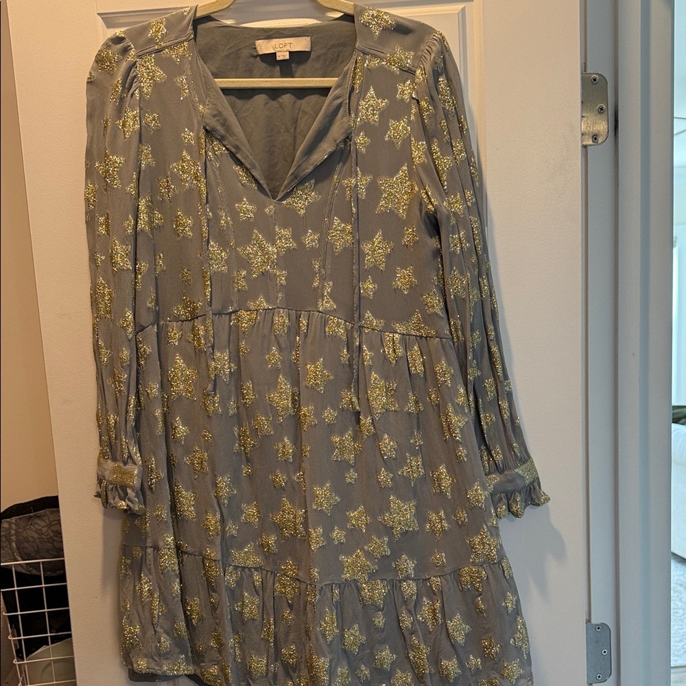 LOFT Gray Tiered Long-Sleeve Dress with Gold Star Print